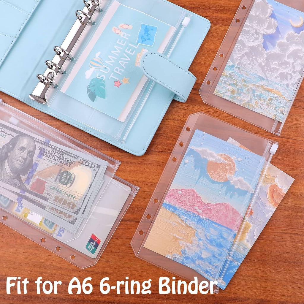 Clear A6 binder cash envelope pockets with 6-ring holes, holding cards
