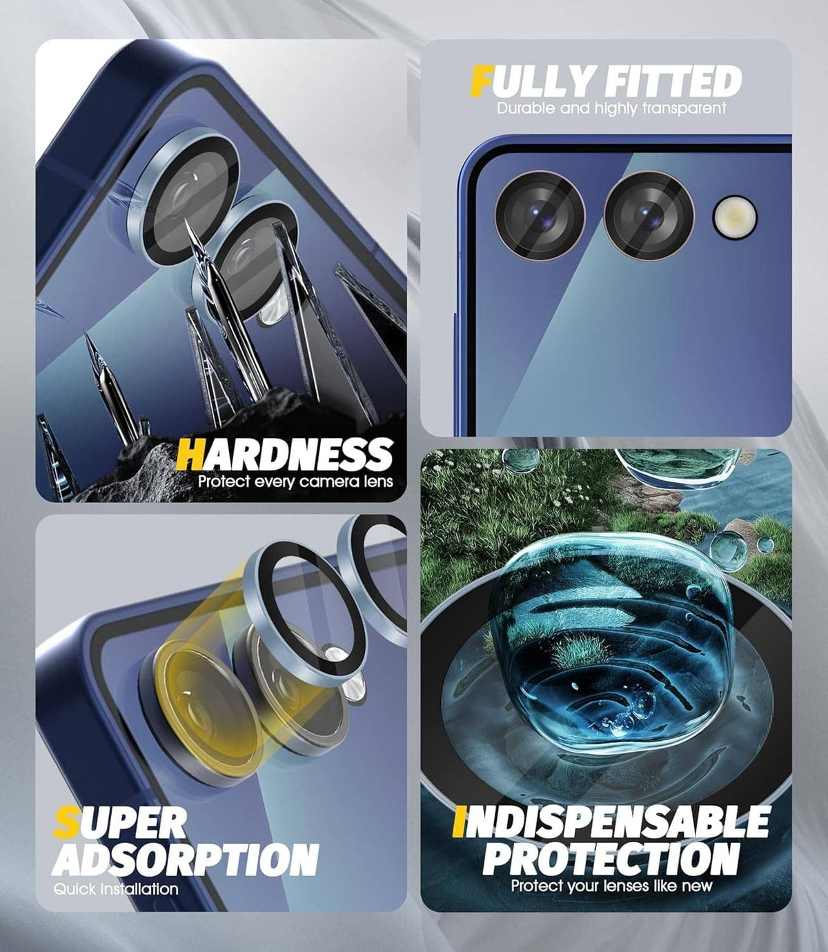 Camera lens protector set for a blue phone, showing individual lens covers