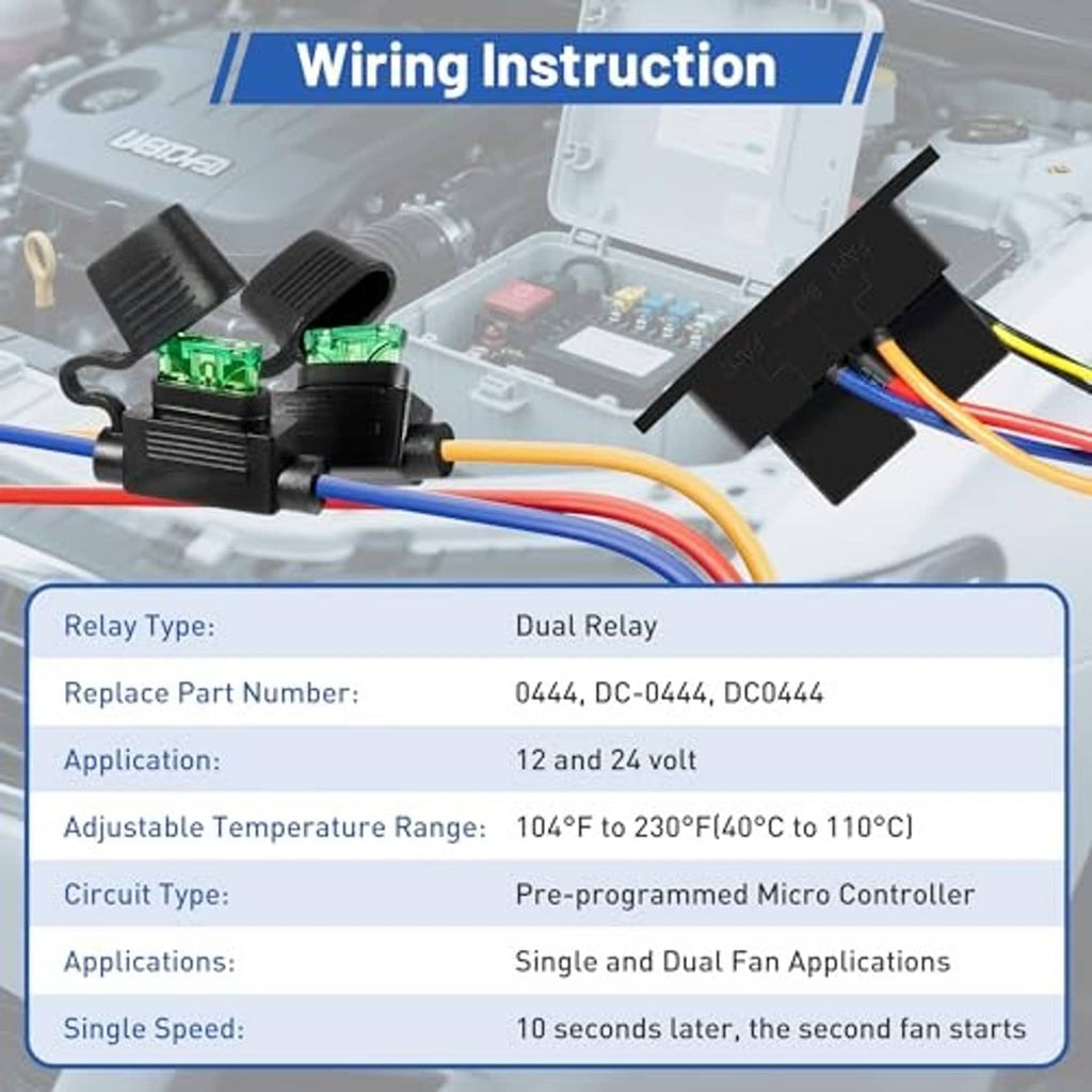 Dual relay fan switch module with green terminal and multi-color wire harness