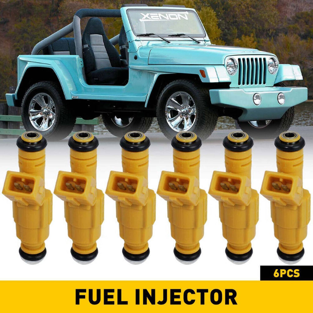 Set of 6 orange fuel injectors with black rubber seals, 4-hole style