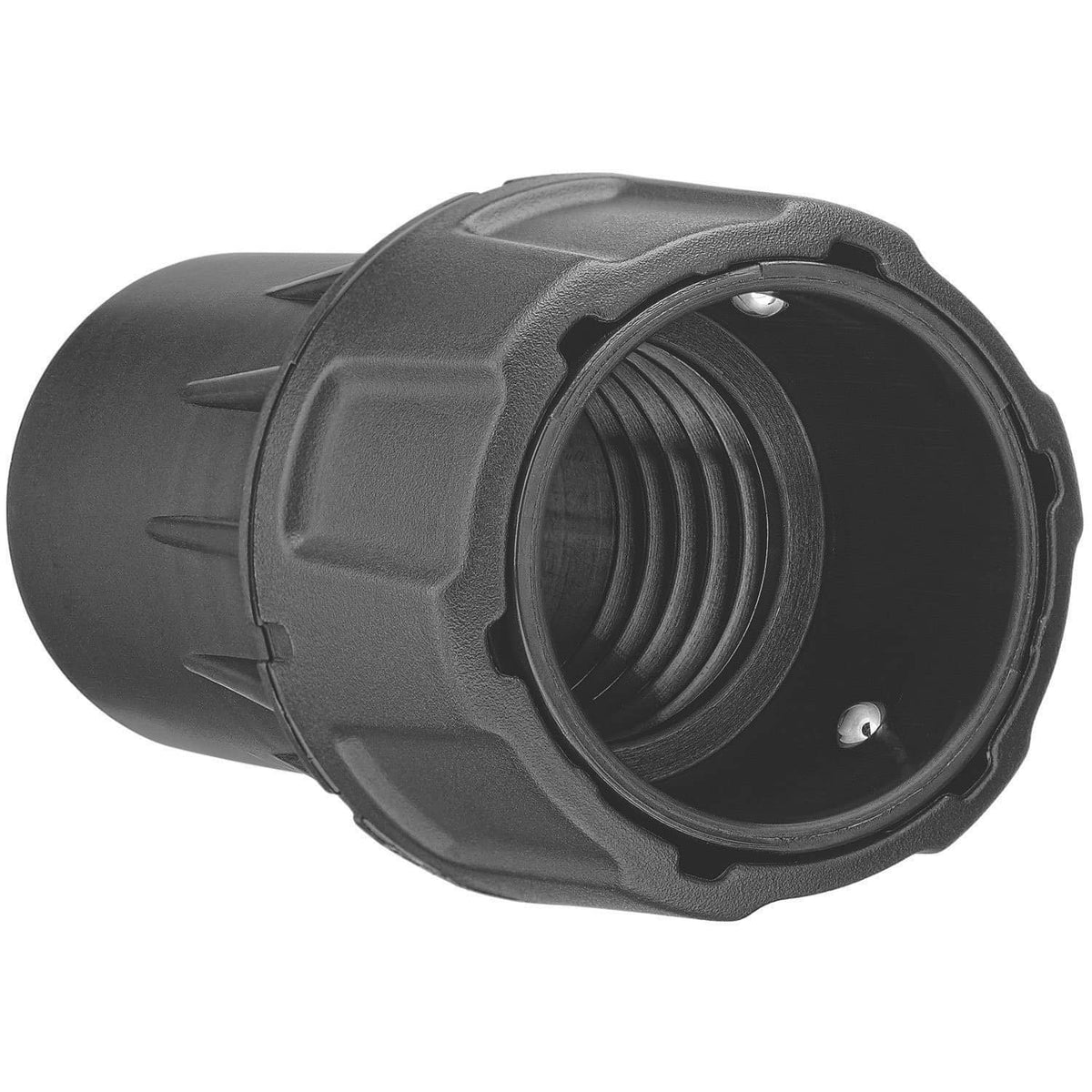 Black dust connector fitting with threaded interior for 3.8 cm hose