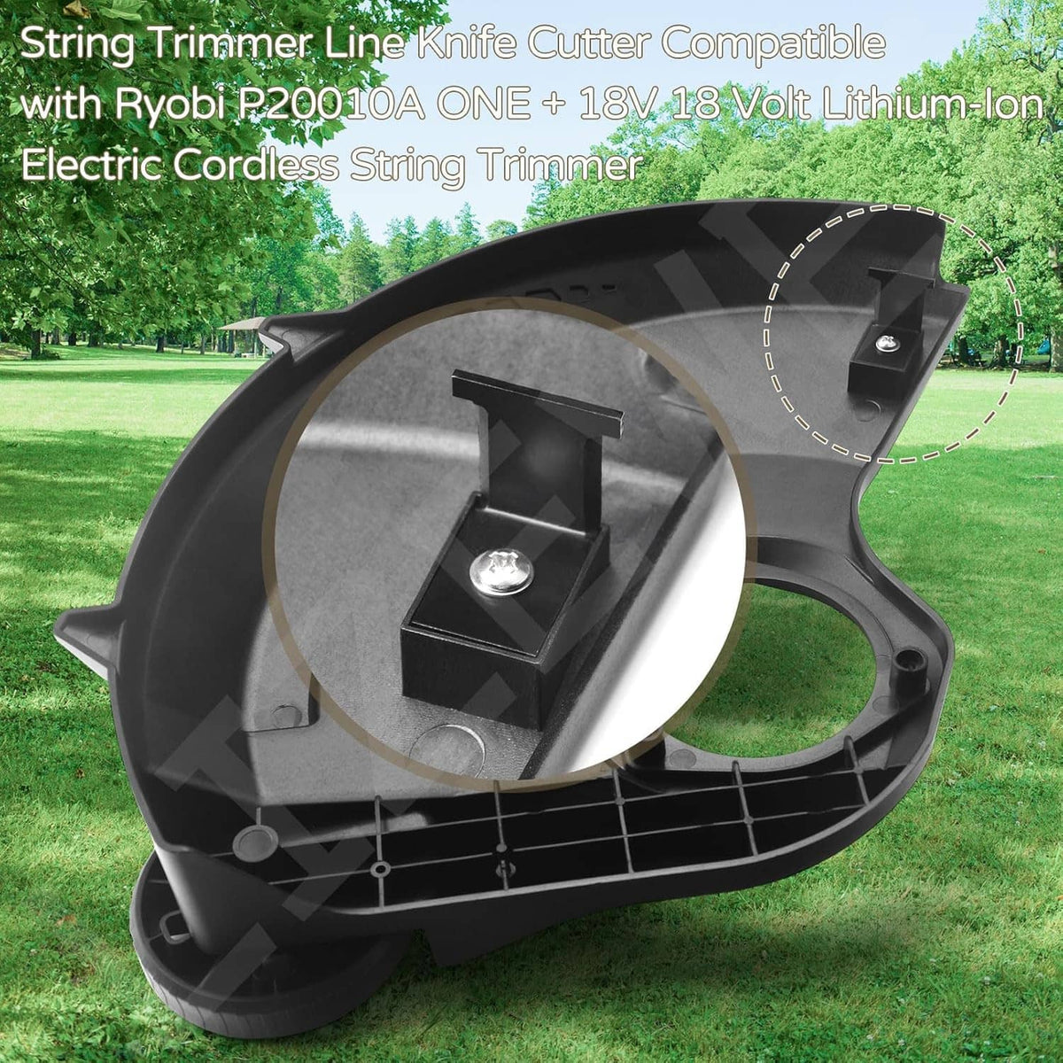 Black string trimmer line cut-off blade mounted on trimmer head with round hole
