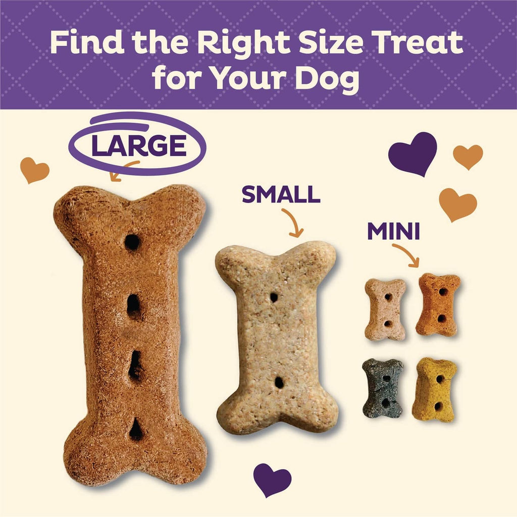 p’nuttier dog biscuits size guide showing large, small, and mini bone treats