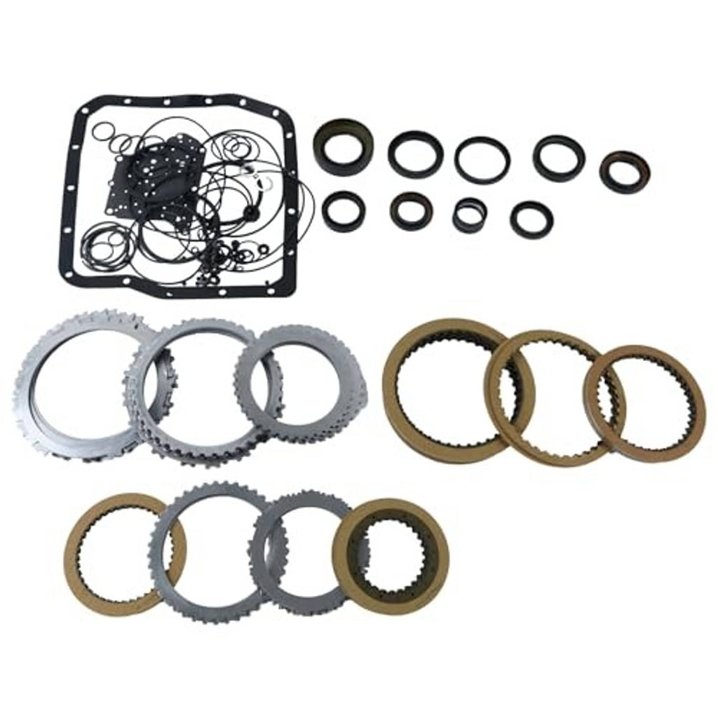 Transmission rebuild kit components: gasket, O-rings, and multiple friction disc sets