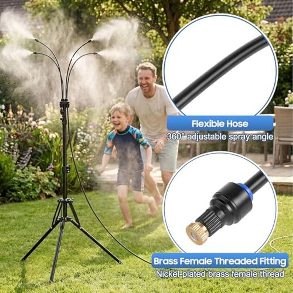 Flexible hose and brass threaded fitting on black misting sprinkler spray head