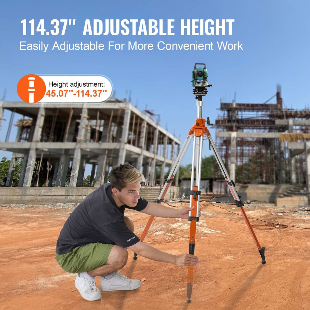 Adjustable height laser tripod with orange column and black spiked feet