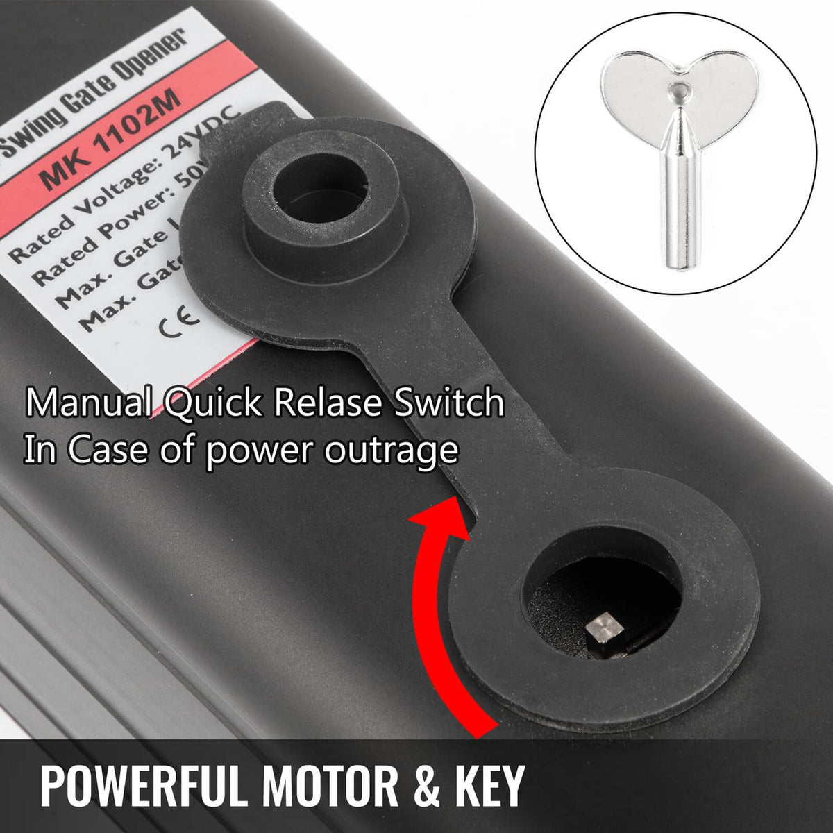 Gate opener quick release switch with key, close-up on matte black actuator housing