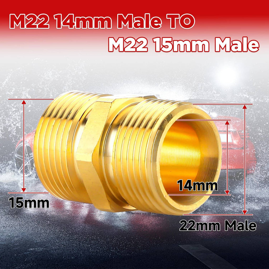 Brass-colored male thread connector with ribbed barrel and dual 15mm/14mm ports