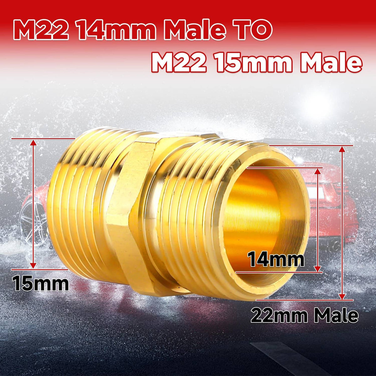 Brass-colored male thread connector with ribbed barrel and dual 15mm/14mm ports