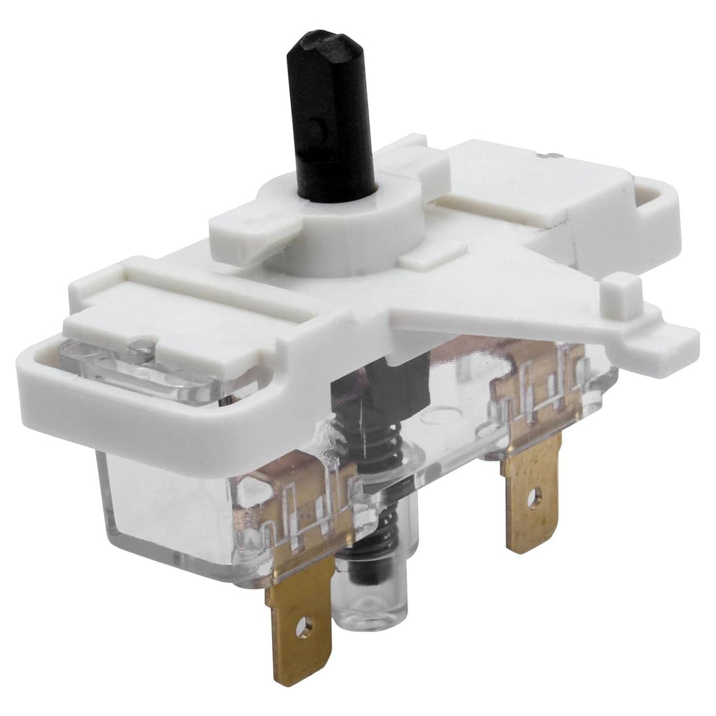 White dryer push-to-start switch with black actuator and metal electrical terminals