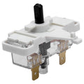 White dryer push-to-start switch with black actuator and metal electrical terminals