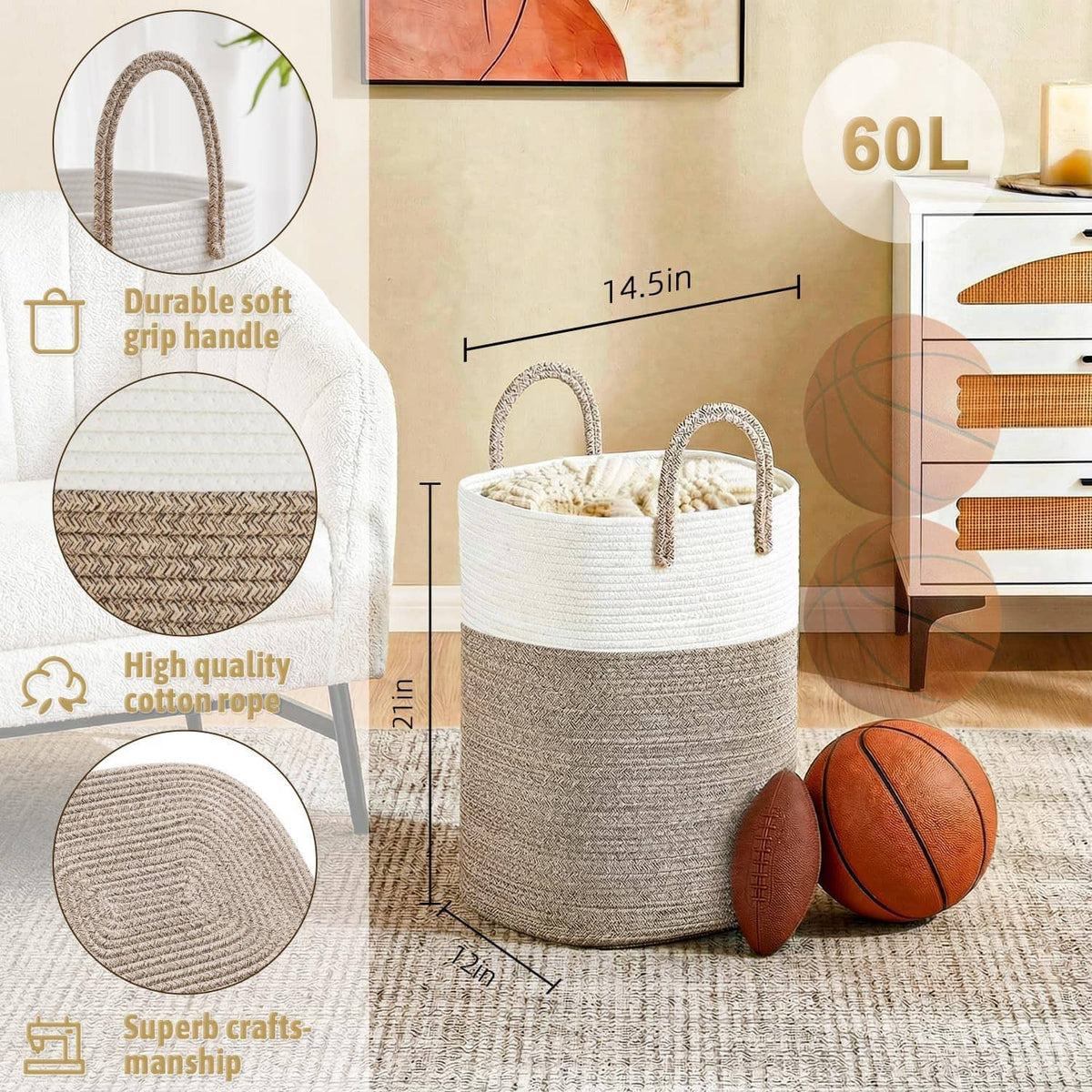 Woven cotton rope laundry hamper with curved handles, two-tone body, and stitched rim detail.
