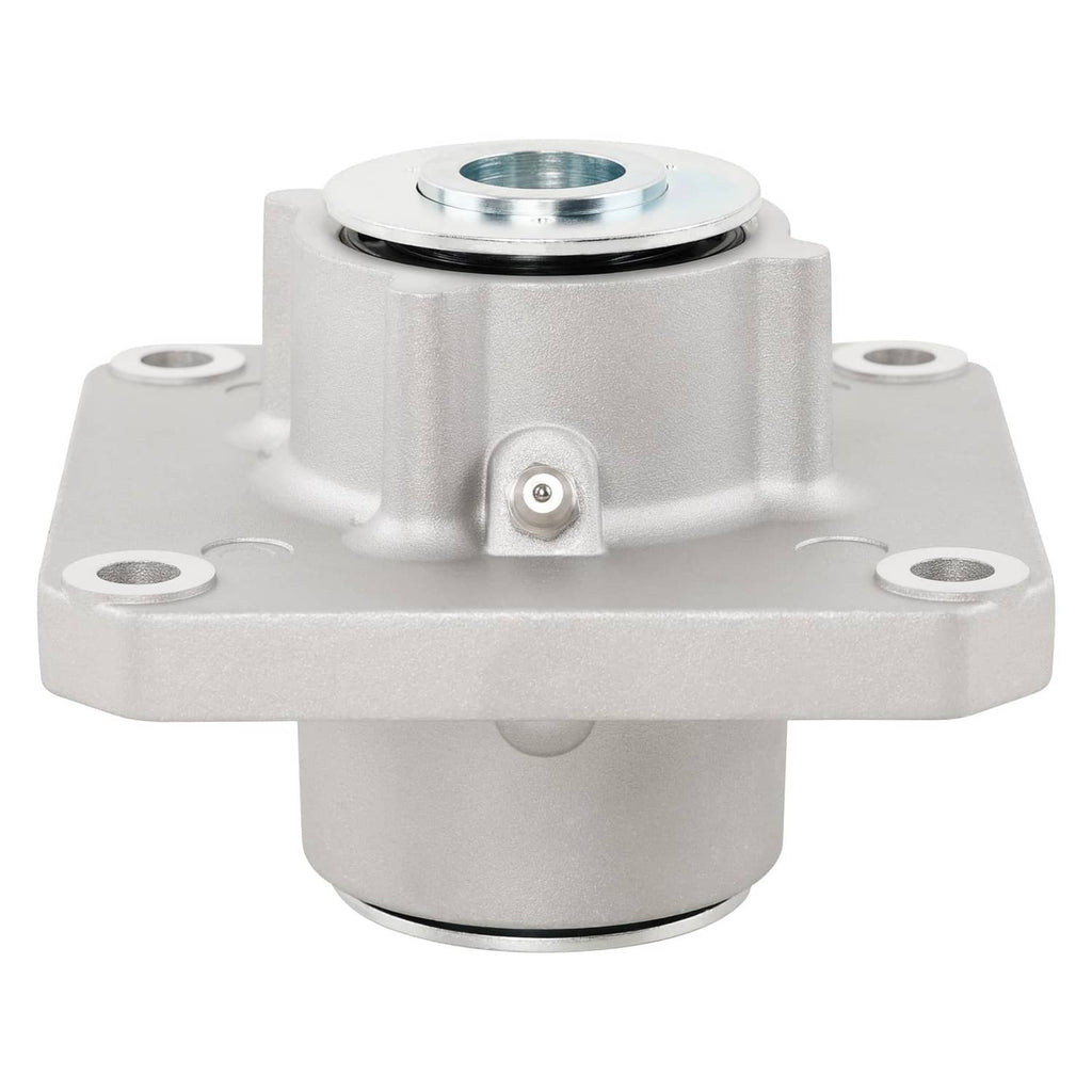 Mower deck spindle assembly in white with metal pulley hub and mounting plate