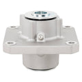 Mower deck spindle assembly in white with metal pulley hub and mounting plate