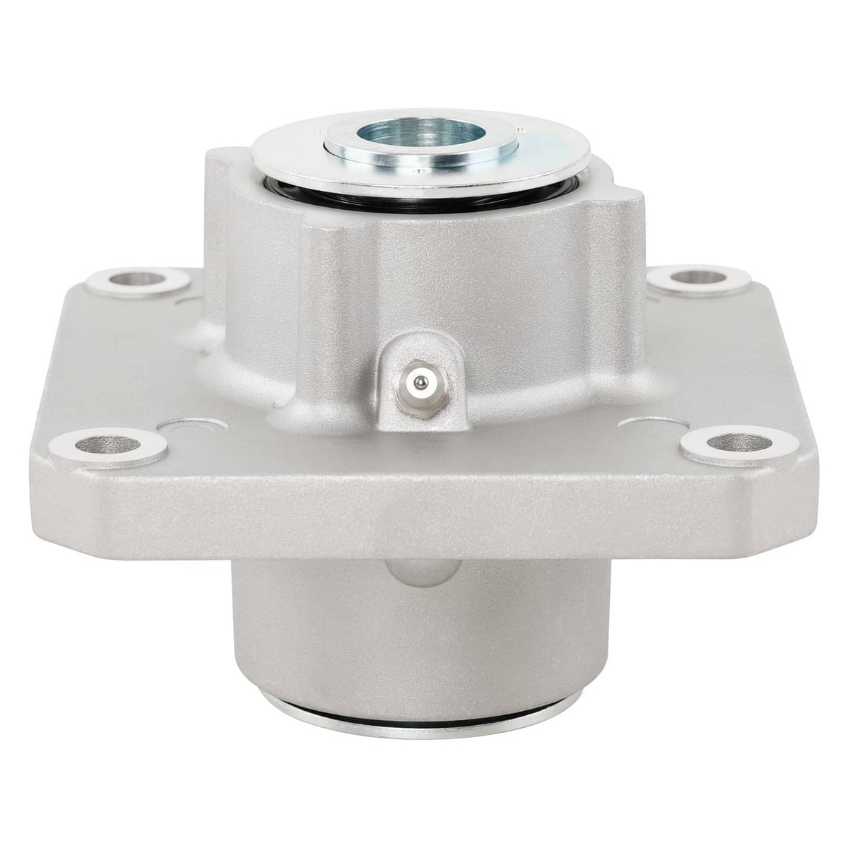 Mower deck spindle assembly in white with metal pulley hub and mounting plate