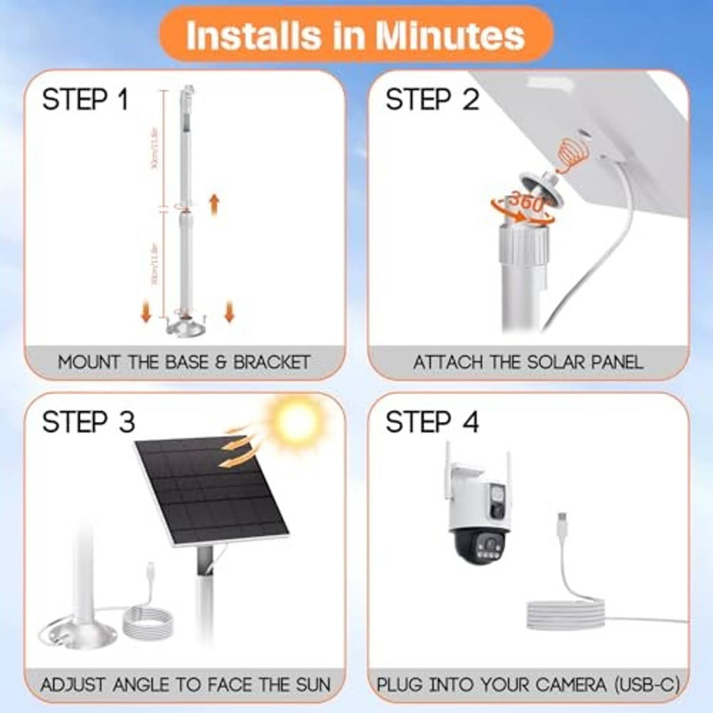 Telescopic solar panel kit with base bracket, tilt adjustment, and USB-C connector cable.