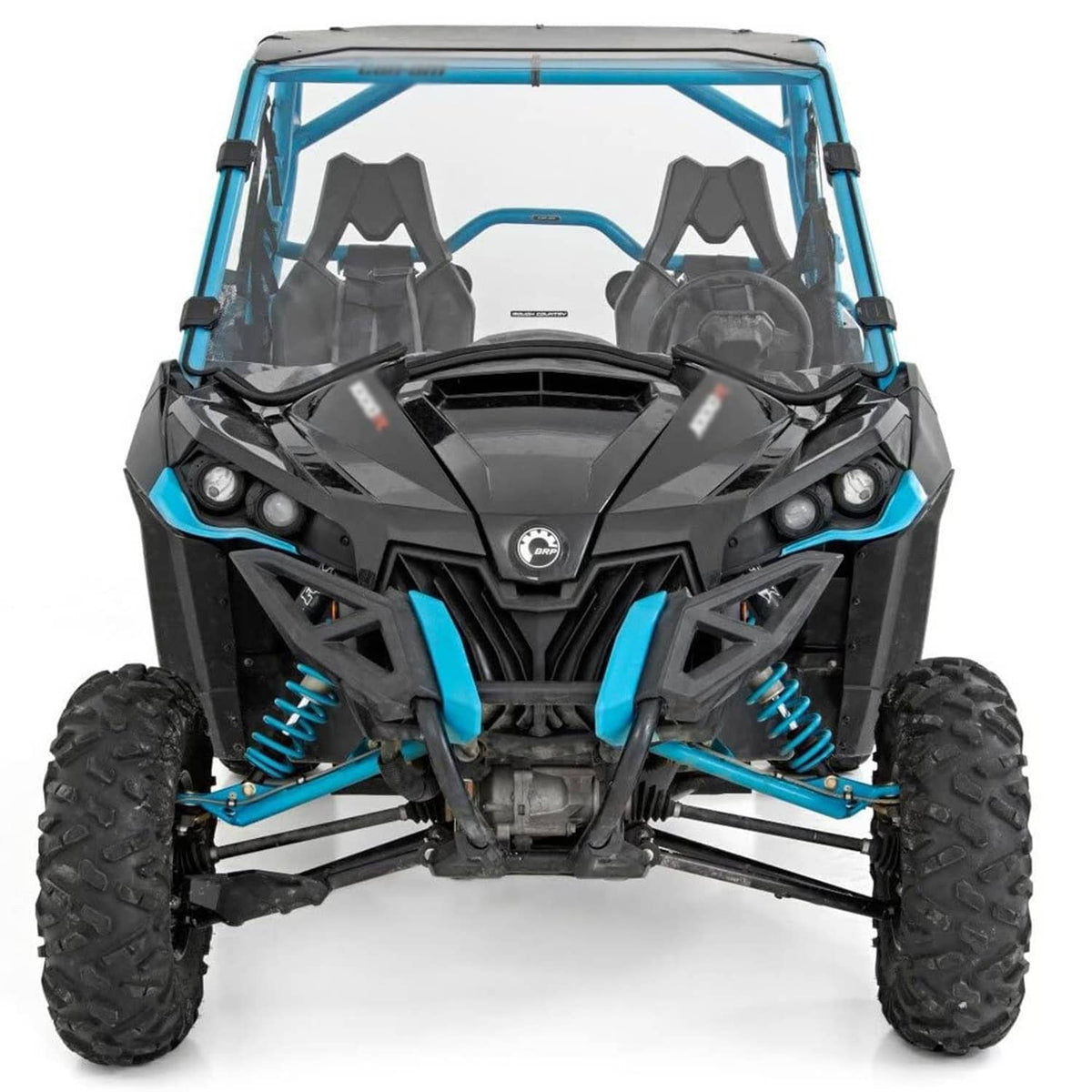 Clear windshield windscreen with black brackets on UTV front cab