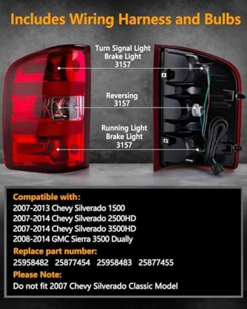 Open rear tail light housings with bulb sockets and wiring harness, driver-side view