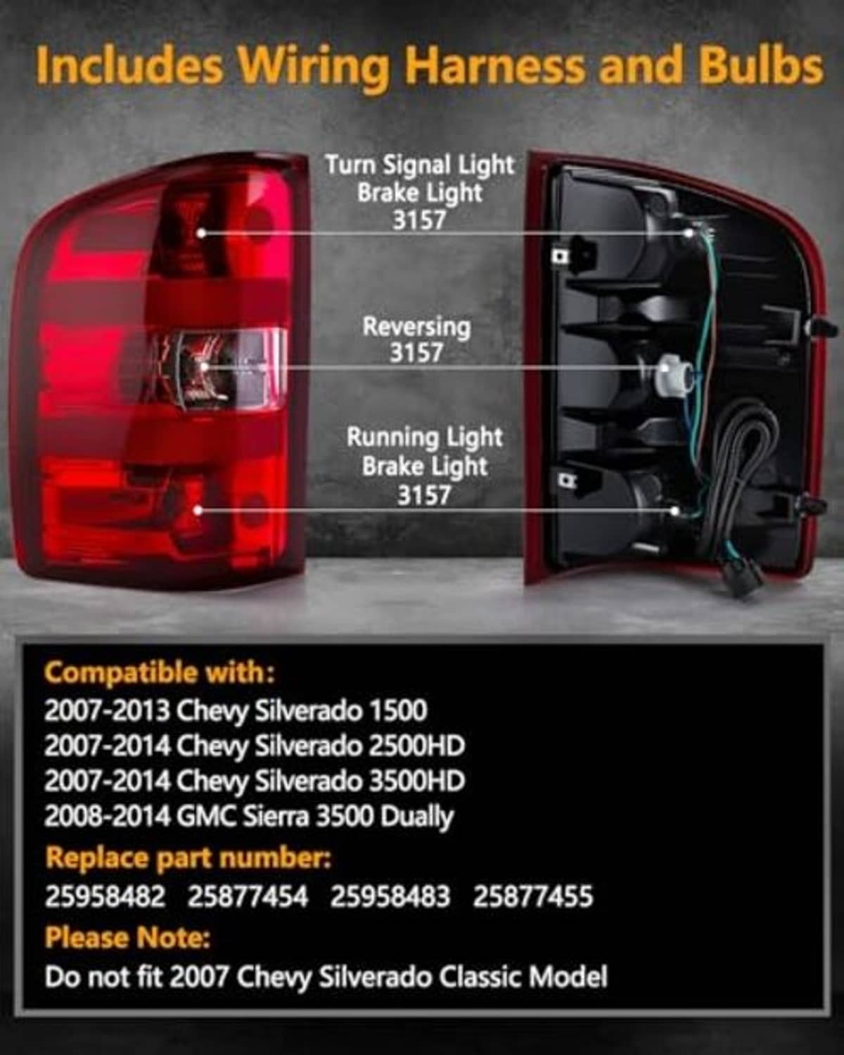 Open rear tail light housings with bulb sockets and wiring harness, driver-side view