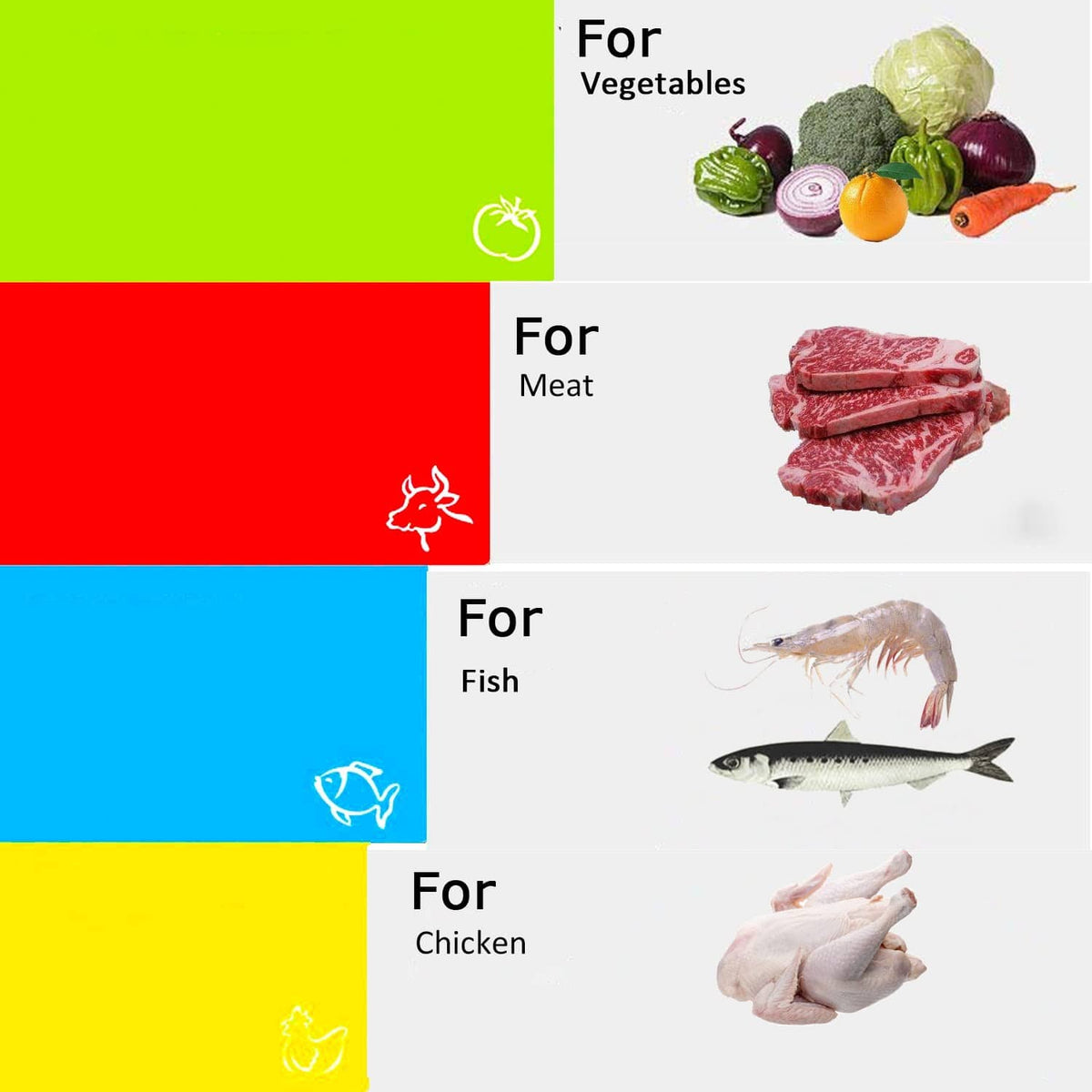 Flexible cutting board mats color-coded with icons for vegetables, meat, fish, and chicken