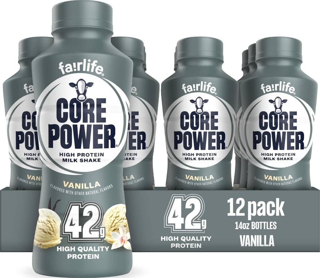 Vanilla protein shake bottle with 42g protein label, 14 fl oz
