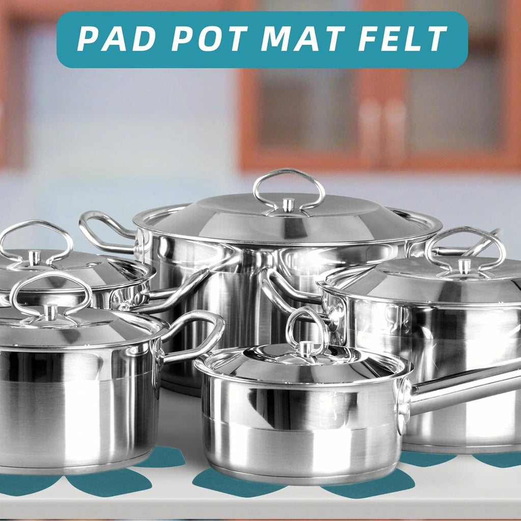 Teal felt pot mat protectors placed under stainless steel pots
