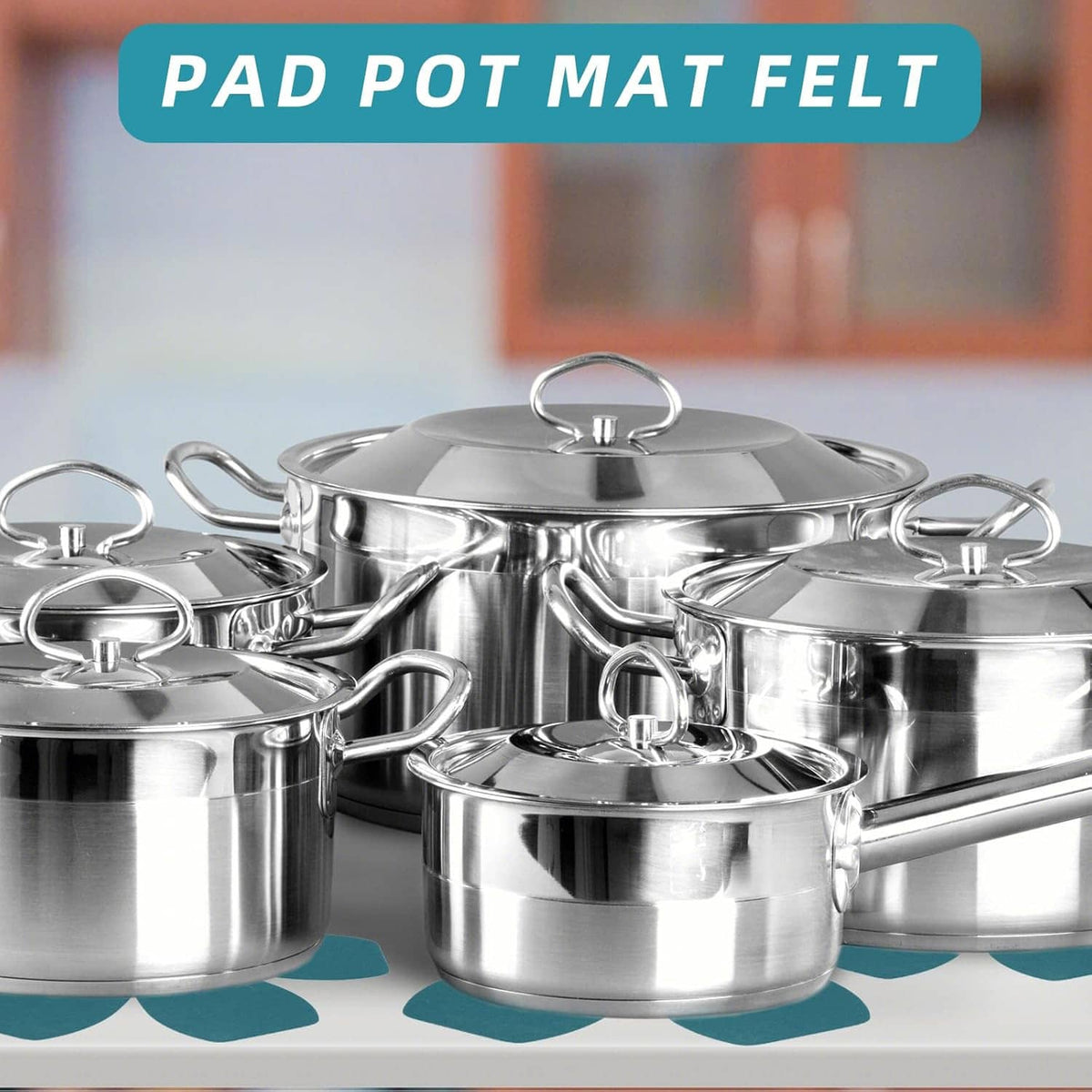 Teal felt pot mat protectors placed under stainless steel pots