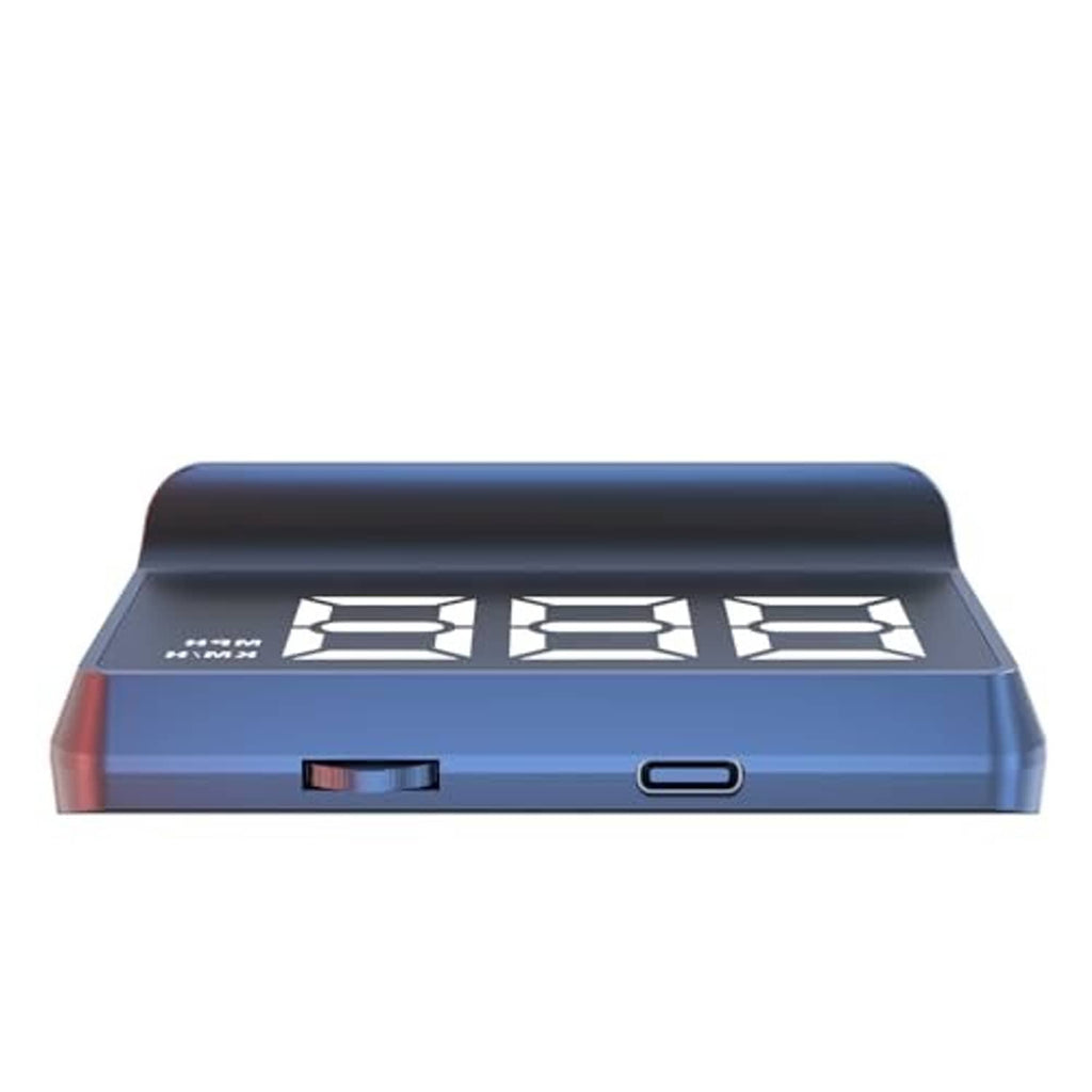 Car HUD head-up display showing three bright speed digits on a dark blue housing