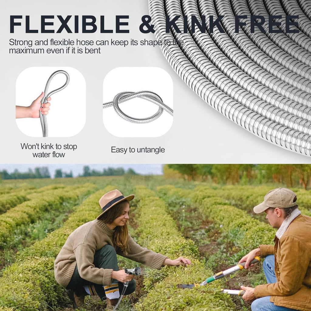 Flexible stainless steel garden hose with kink-resistant coil and brass fitting