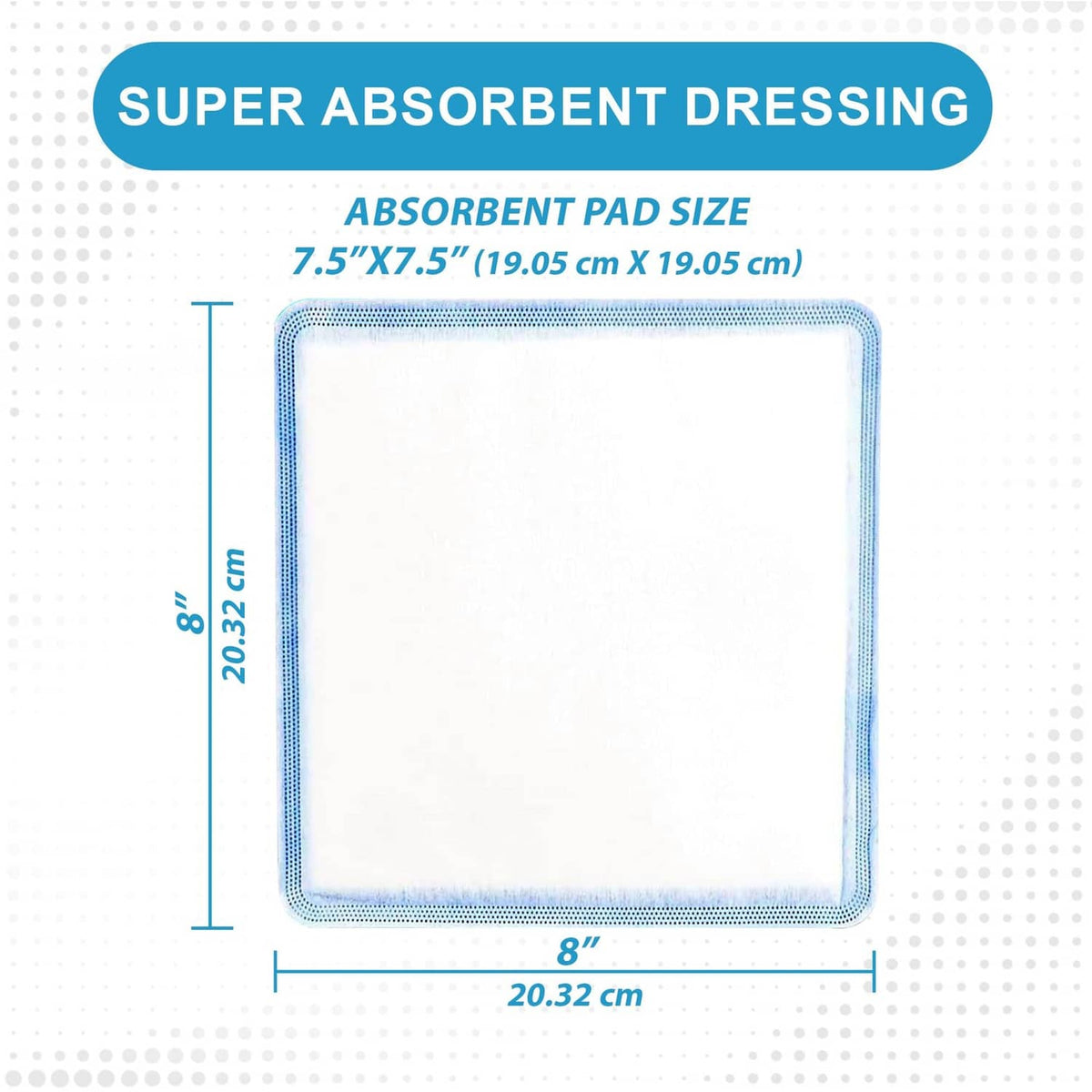 Square absorbent dressing pad with blue stitched edge, 8 x 8 inch size