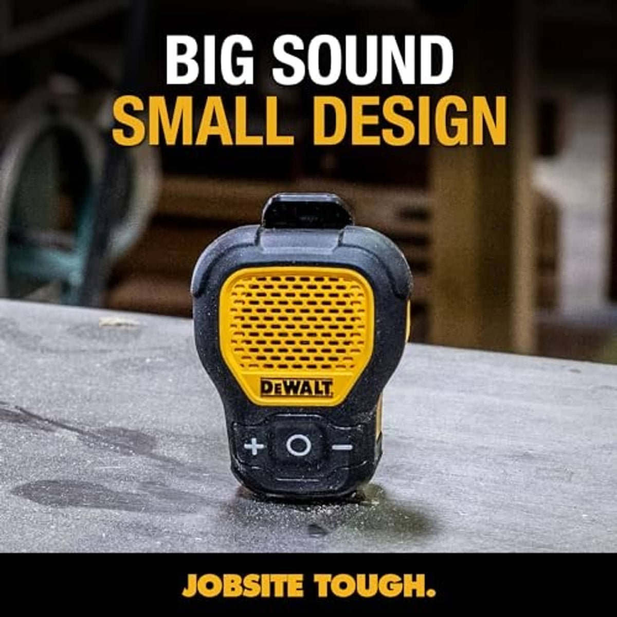 Front view of yellow-grille wearable Bluetooth speaker with black body and buttons