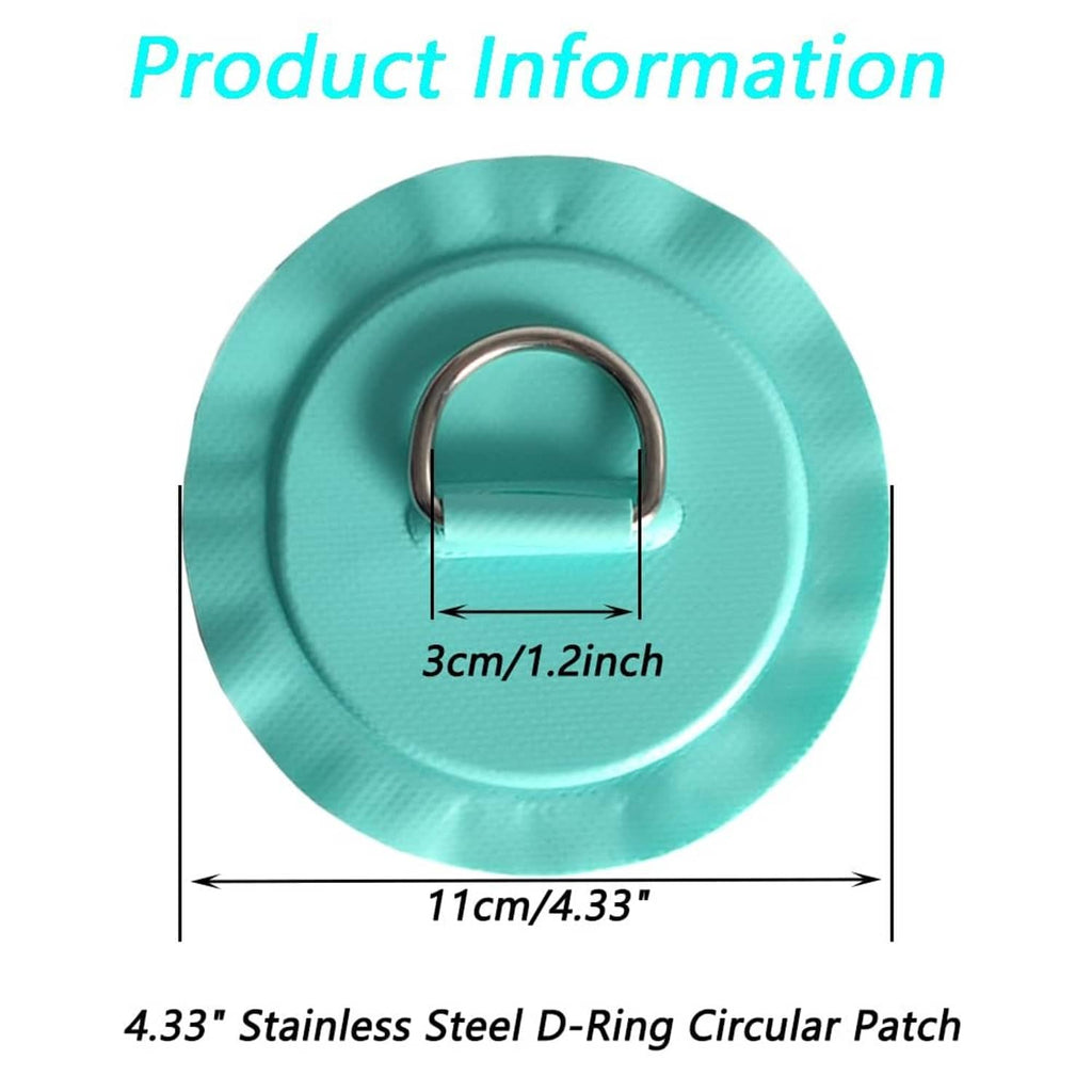 Teal circular stainless steel D-ring patch with size diagram