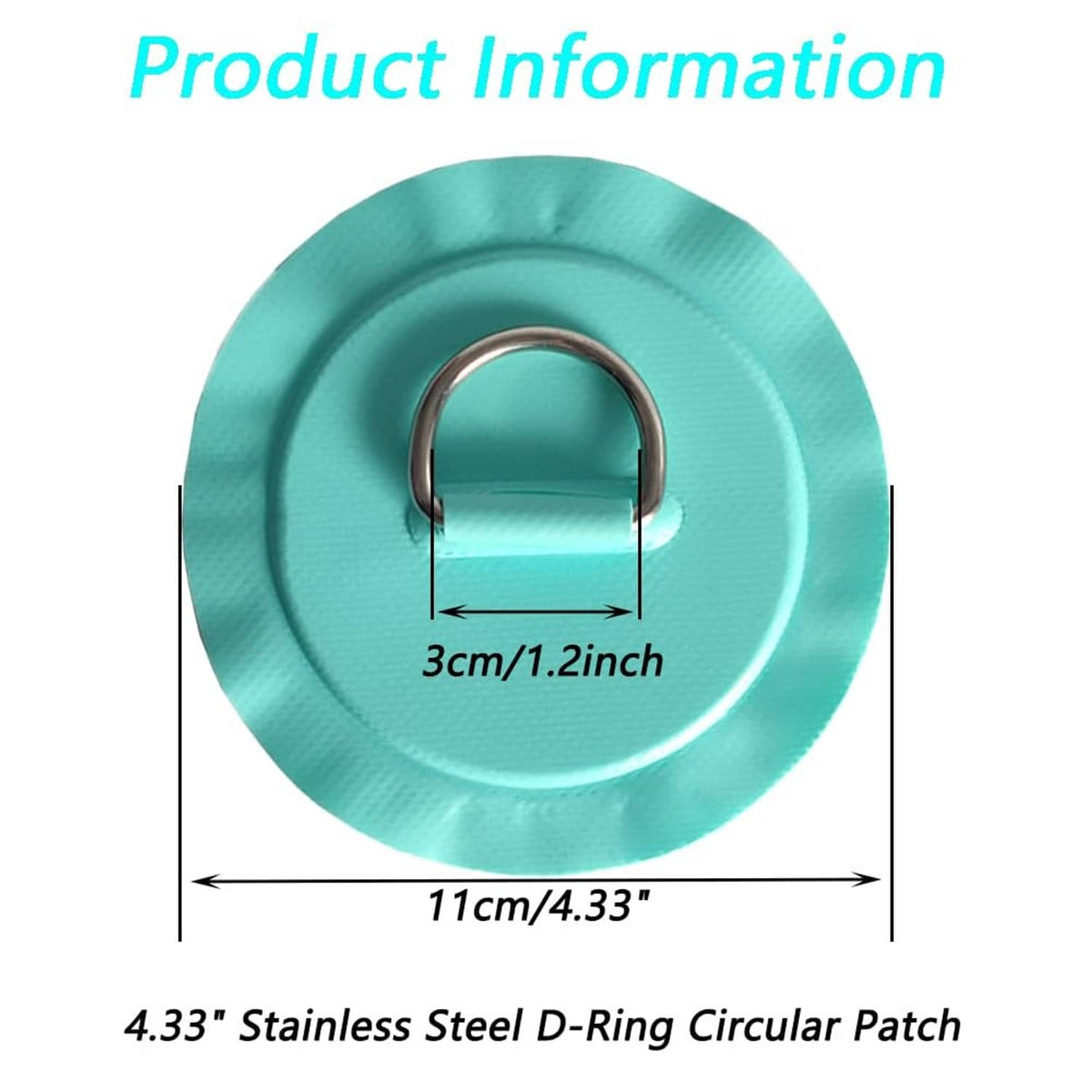 Teal circular stainless steel D-ring patch with size diagram
