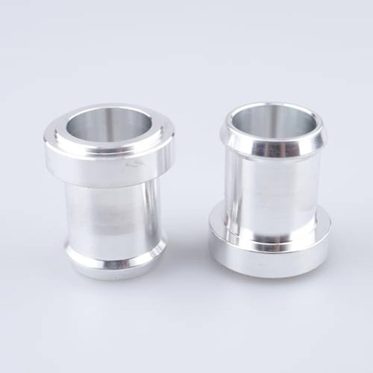 Two stainless steel weldable hose barb tail fittings with flange rim and tube bore