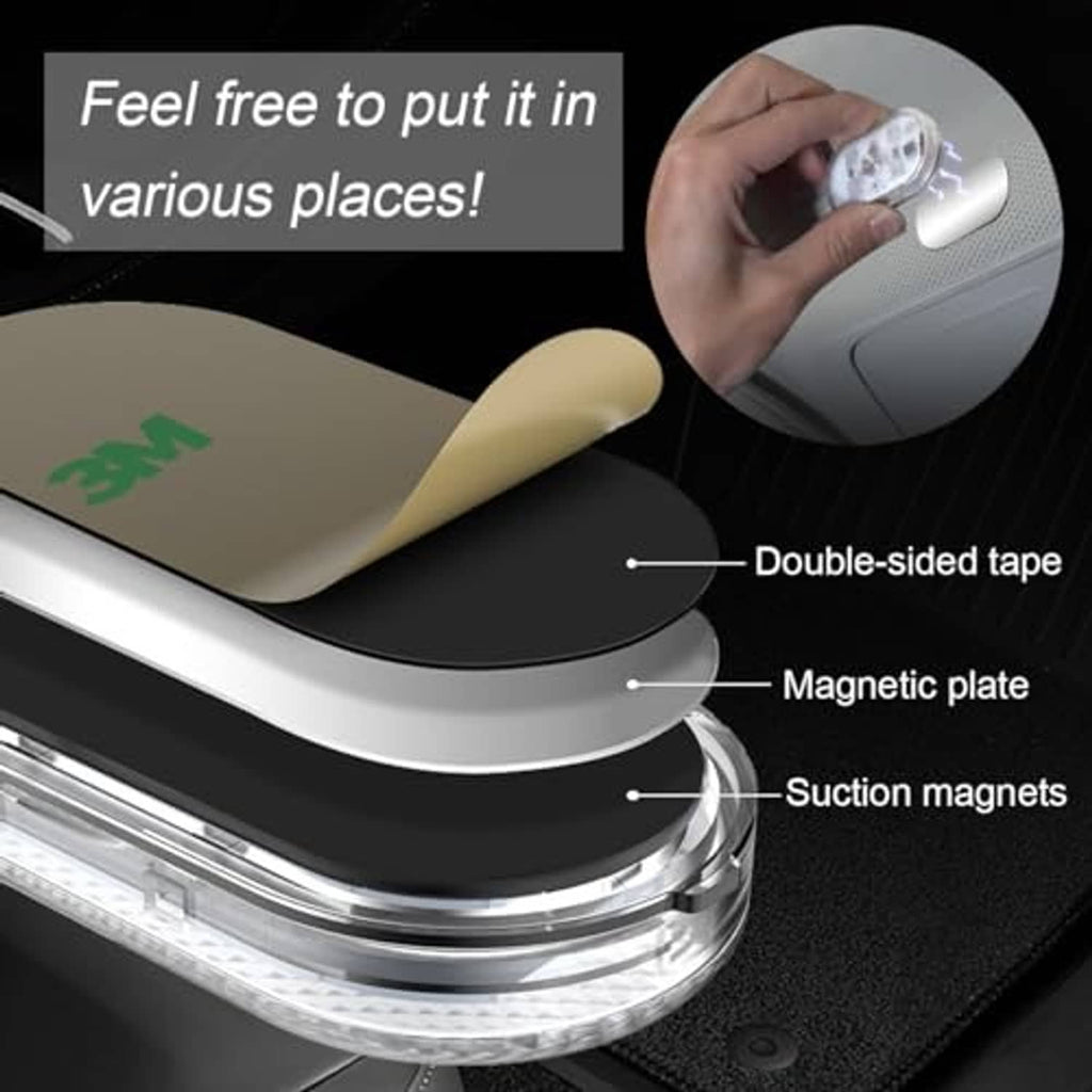 Wireless LED light strip with double-sided tape and magnetic plate attachment, shown in hand.