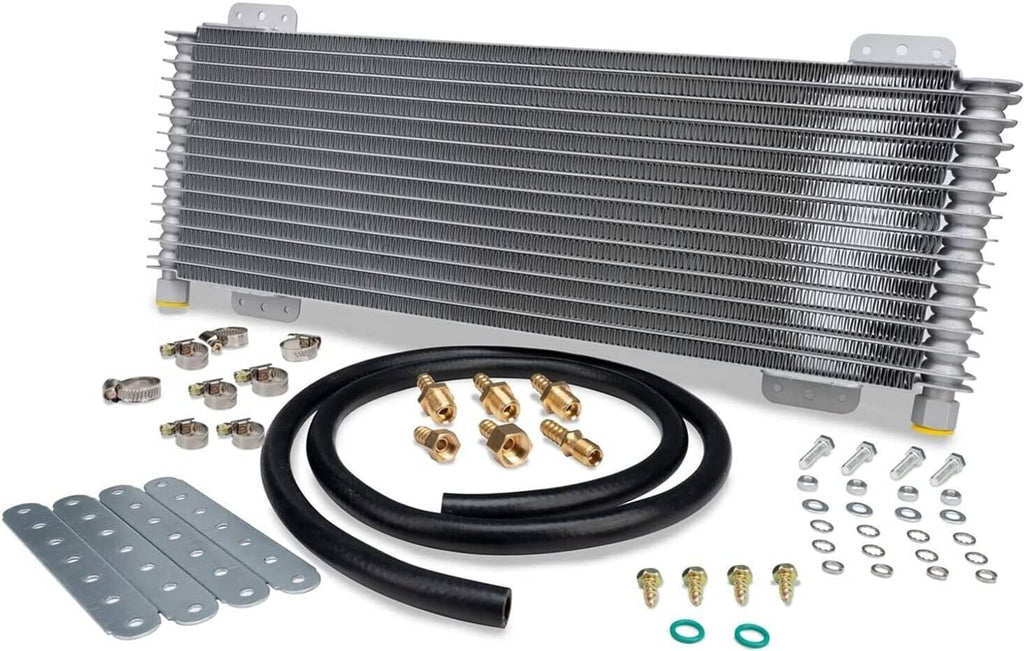Transmission oil cooler with aluminum fin core, black hoses, brass fittings, and mounting hardware