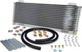 Transmission oil cooler with aluminum fin core, black hoses, brass fittings, and mounting hardware