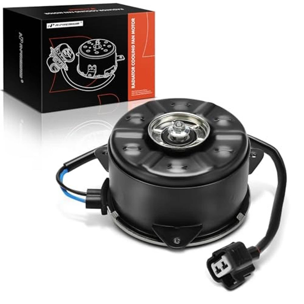Right radiator fan motor with round black housing, center cap, and power connector