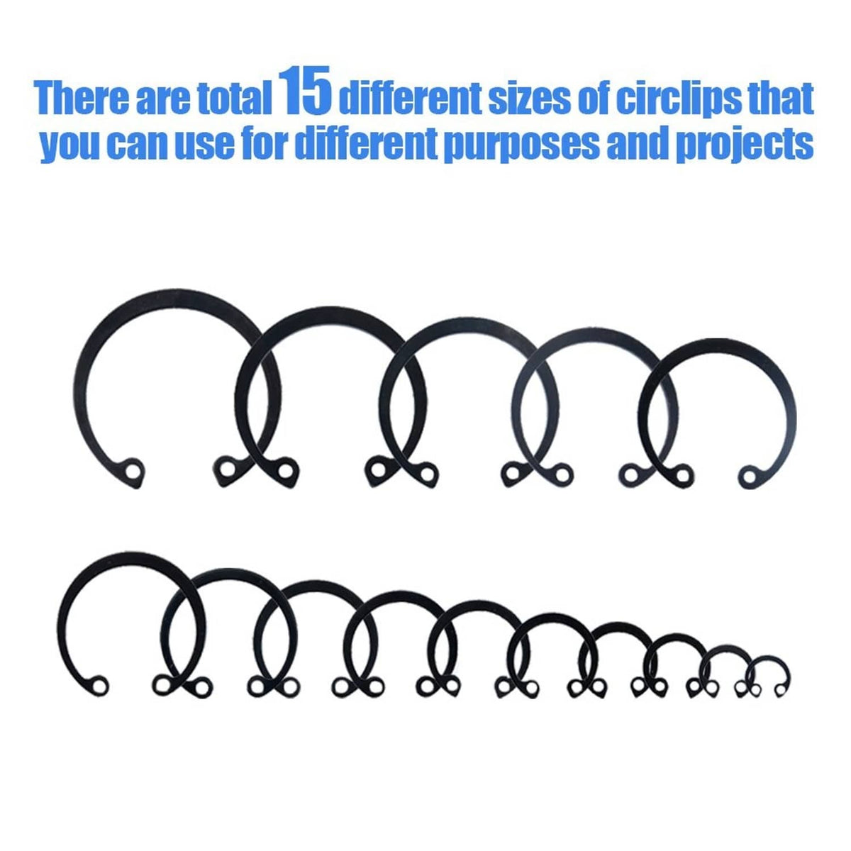 Black internal circlip snap retaining rings shown in multiple sizes on white