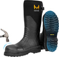 Black tall rubber work boots with steel toe, blue traction outsole, HUNTHOR logo.