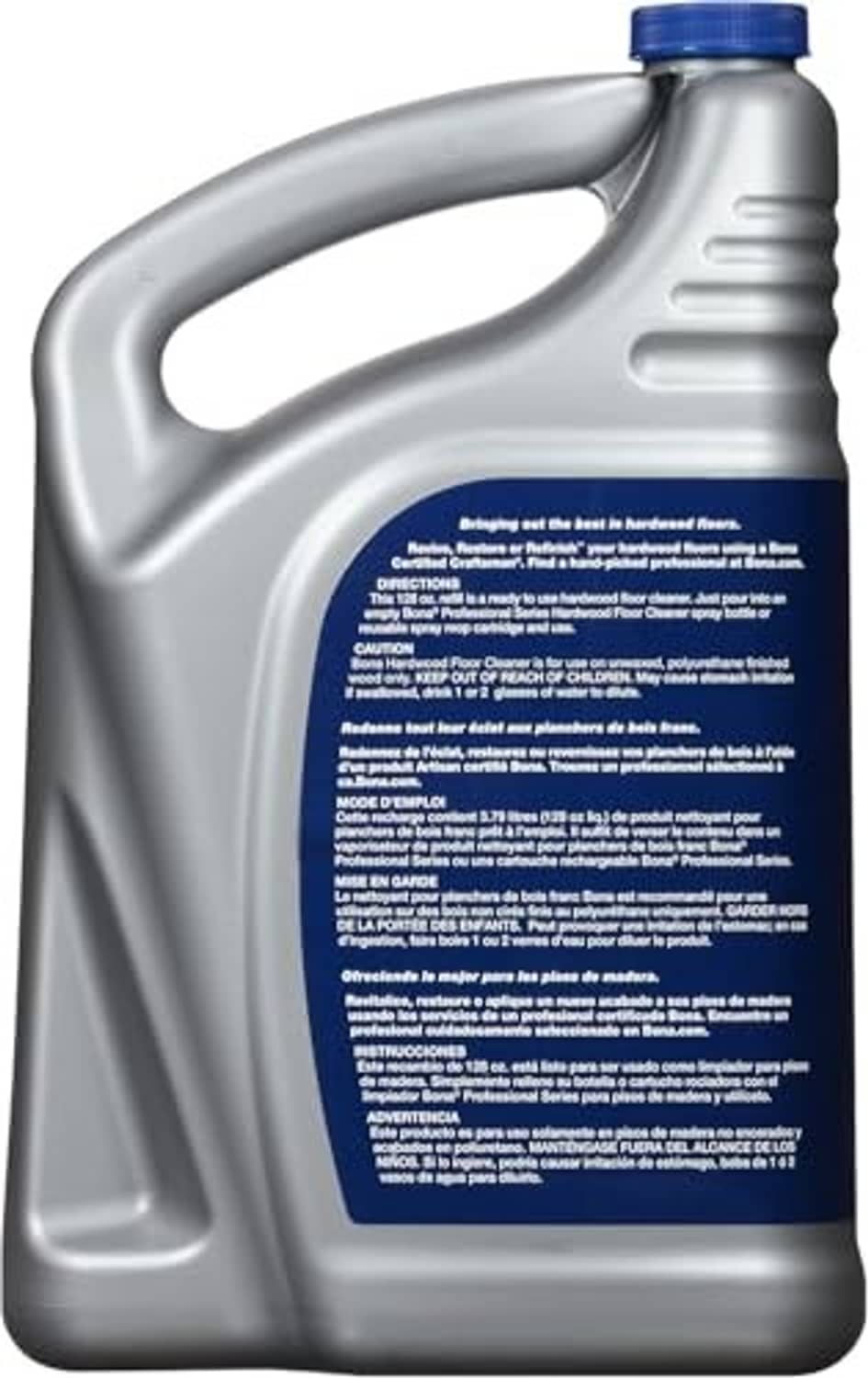 Hardwood floor cleaner refill jug with Bona label on back, blue cap