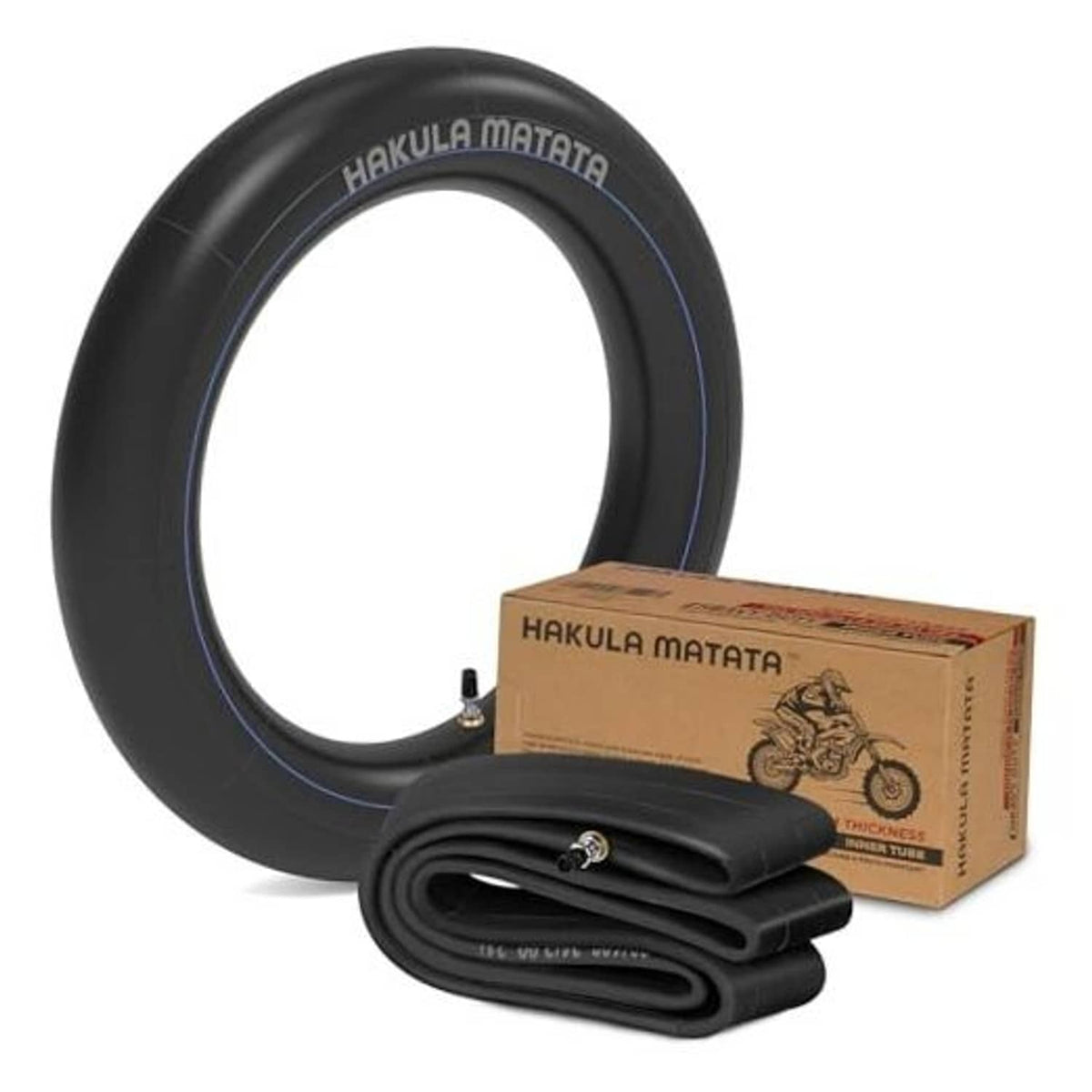 Black dirt bike inner tube with TR4 valve stem, looped tire shape