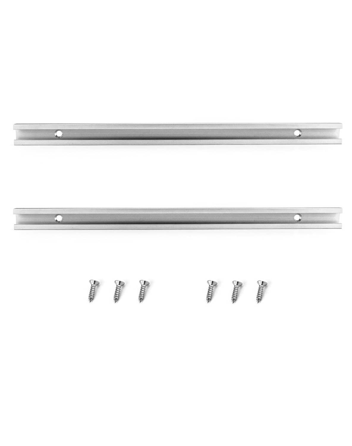 Two silver aluminum T-track rails with pre-drilled holes and included screws