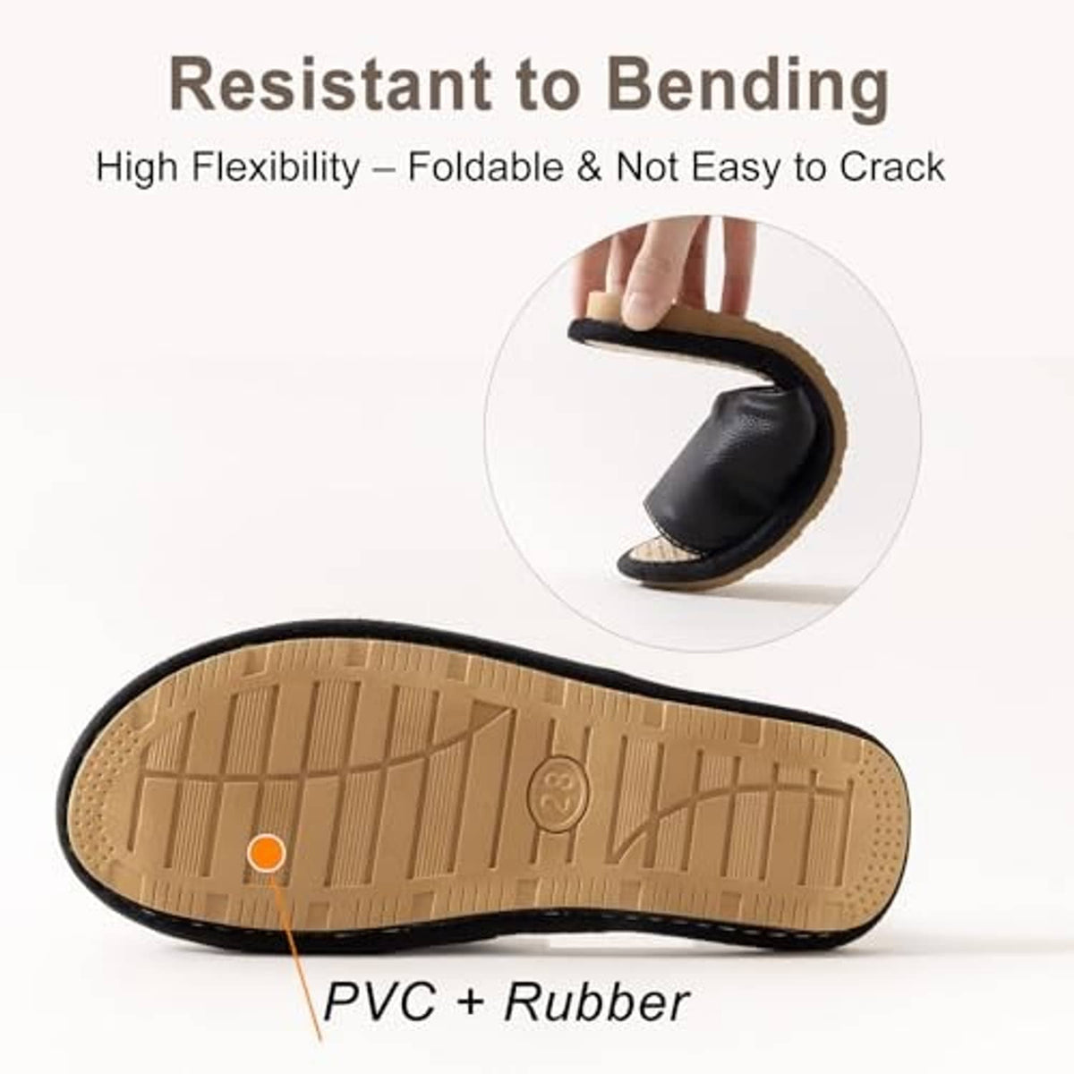 Bottom view of black-and-beige house slipper with textured sole tread pattern.