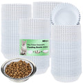 White pet disposable feeding bowls liner rolls, with metal bowl of kibble
