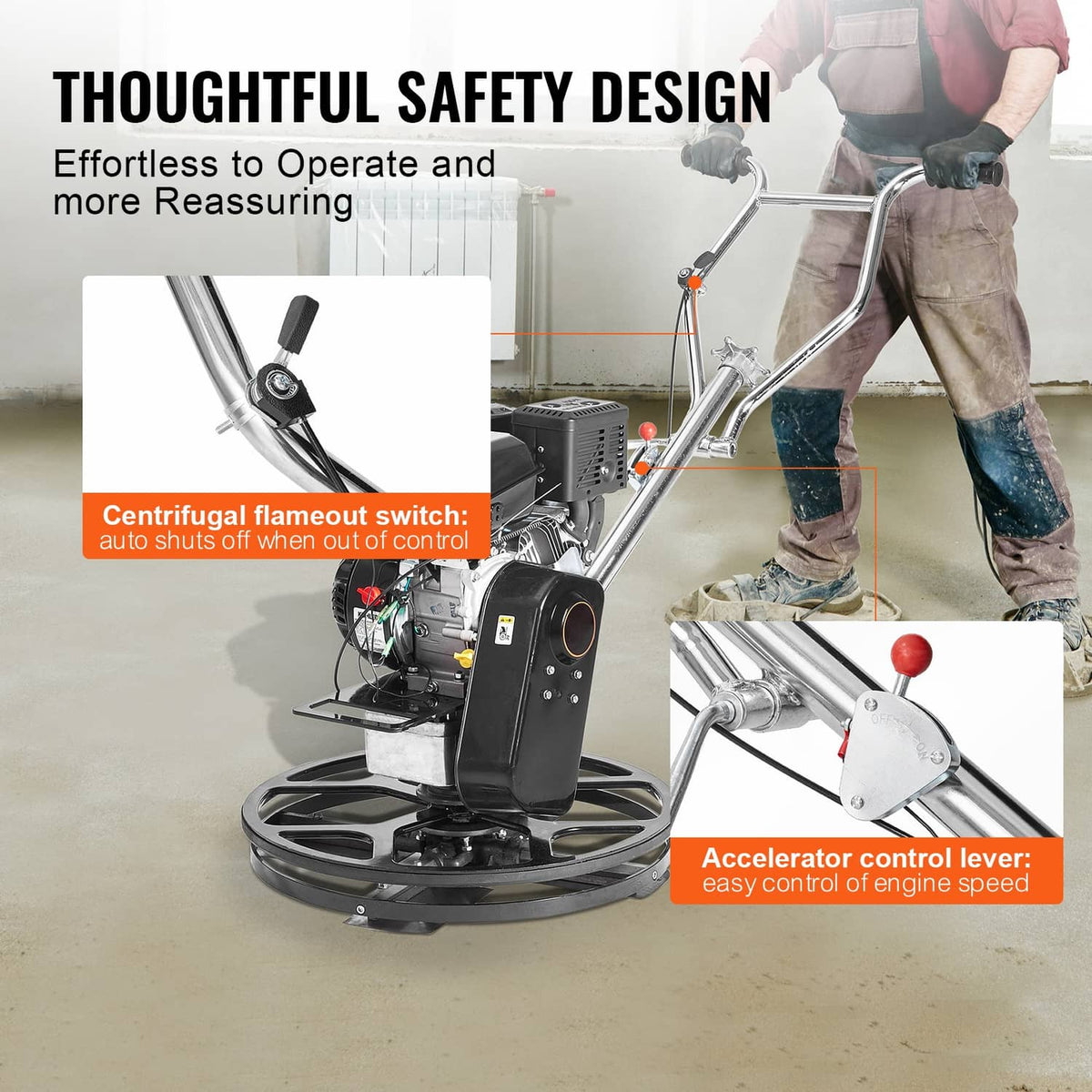 Gas-powered walk-behind trowel with safety controls, switch, and accelerator lever