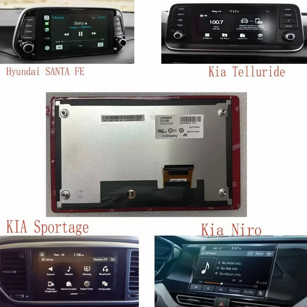 8-inch LCD touch screen display rear module with example in-dash screen views