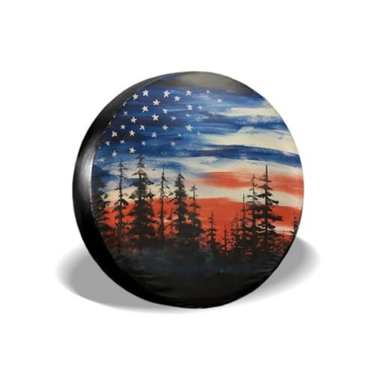 Spare tire cover with American flag, star pattern, and forest silhouette artwork