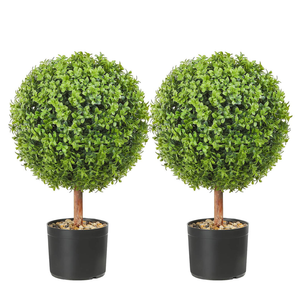 Artificial topiary tree pair with bright green round foliage in black planters
