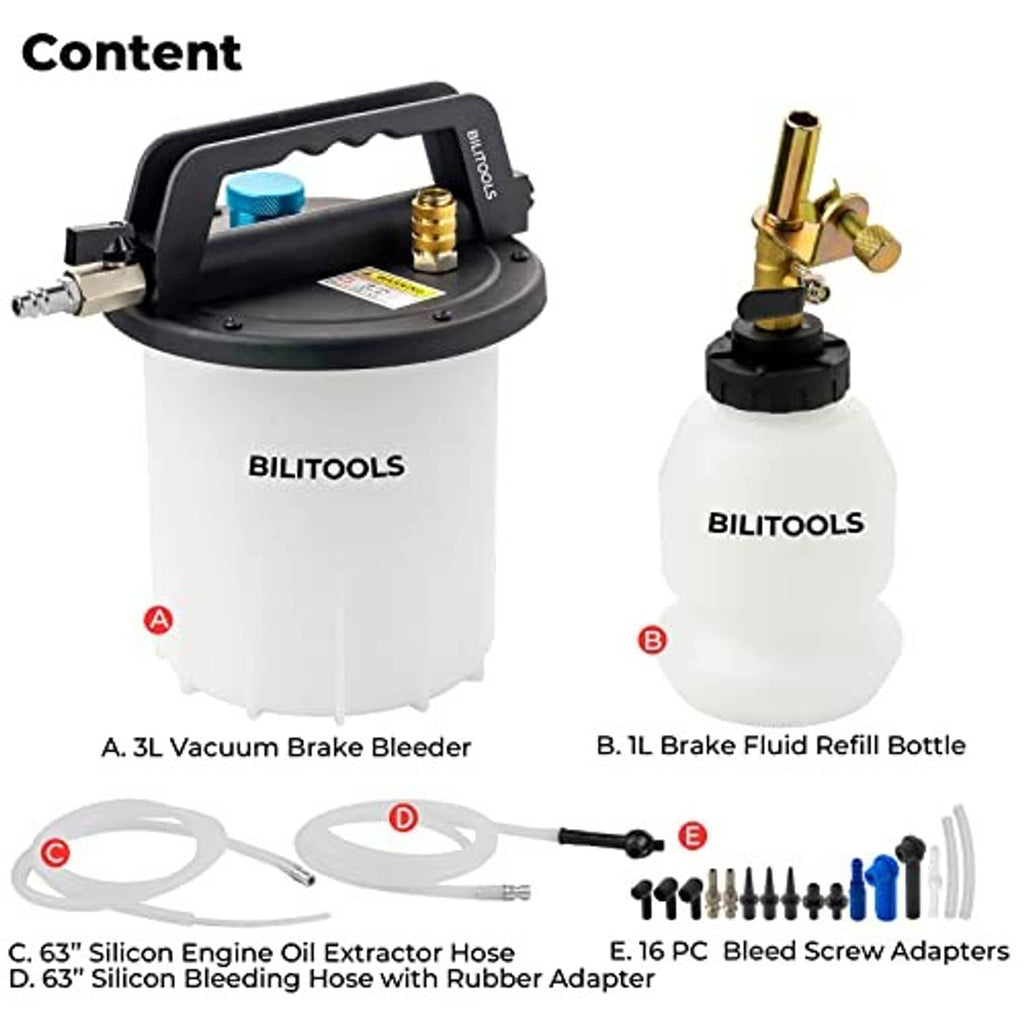 Brake bleeding kit contents: 3L vacuum bleeder, 1L bottle, and bleed screw adapters
